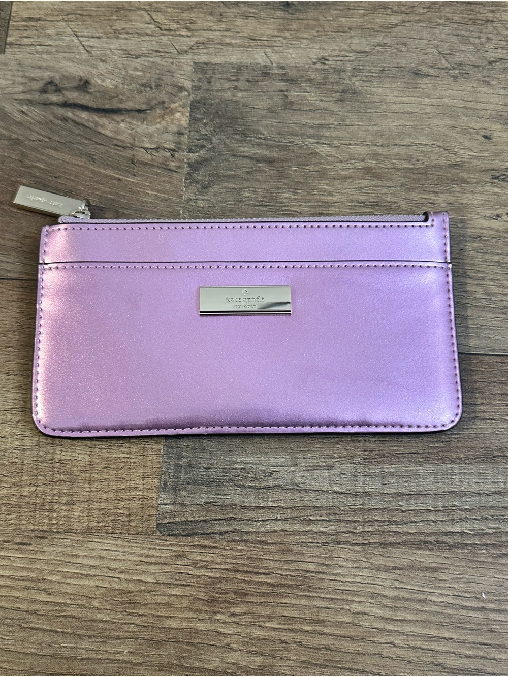 NWOT Kate Spade New York Metallic Lilac Leather Zip Card Holder Wallet Purple